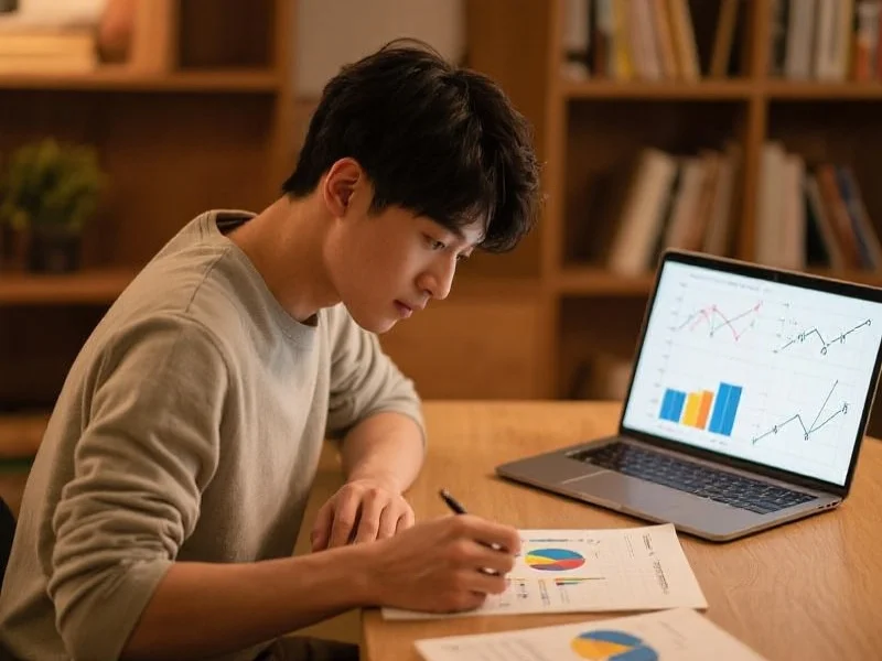 一位年轻人正认真分析数据,身旁有笔记本电脑和数学图表,背景为温馨书房